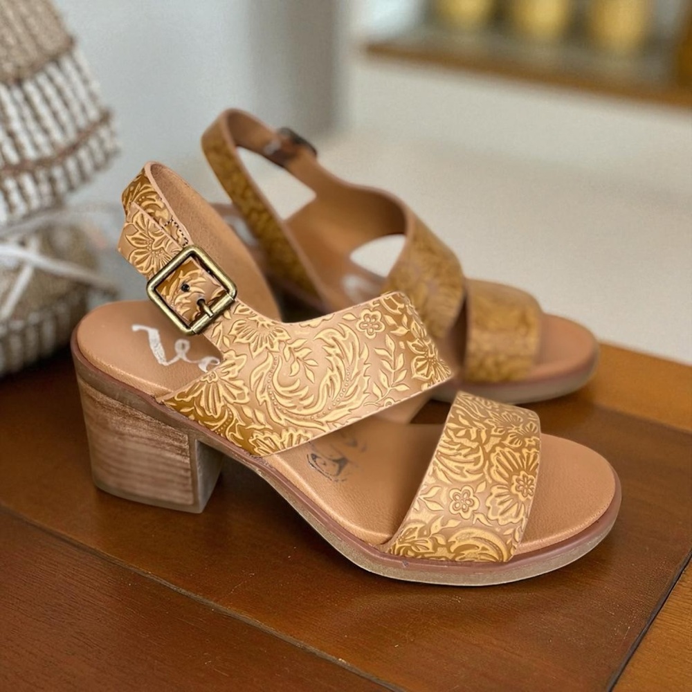 Floral Tooled Tan Women's Sandals